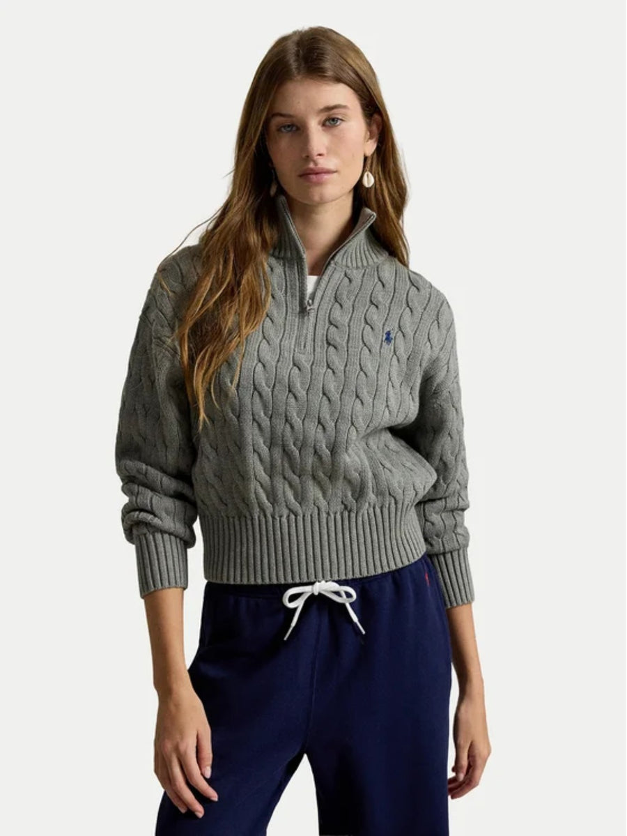 Damen Zopfmuster-Pullover mit Half-Zip